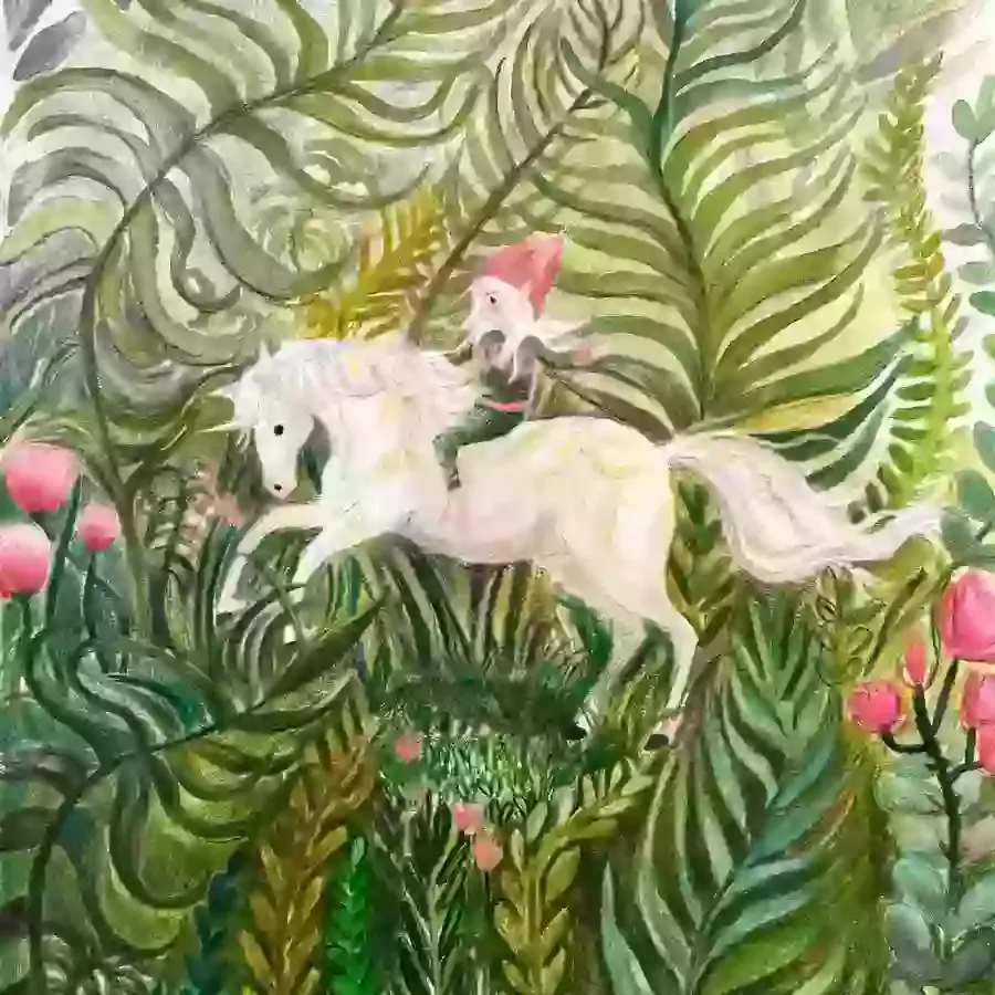 a mixed media illustration of a pixie riding a tiny unicorn . this fantasy illustration features the unicorn amidst ferns and flowers. 
